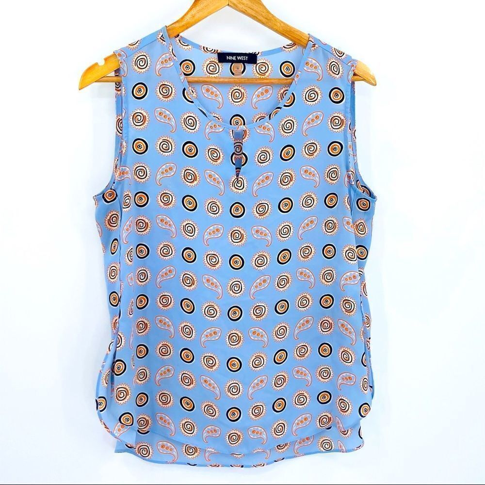 Nine West blue and orange paisley print keyhole detail sleeveless top medium